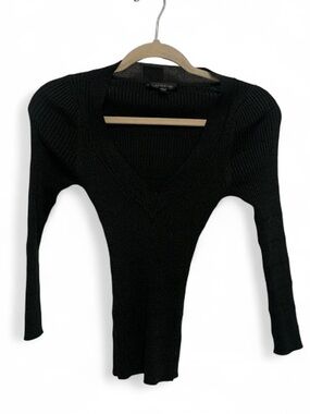 Y2K Bebe Black Metallic V-Neck Ribbed Long Sleeve Top